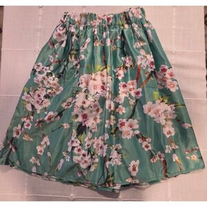 Choies Teal Cherry Blossom Floral Satin Pleated Midi Skirt High Waist A-Line